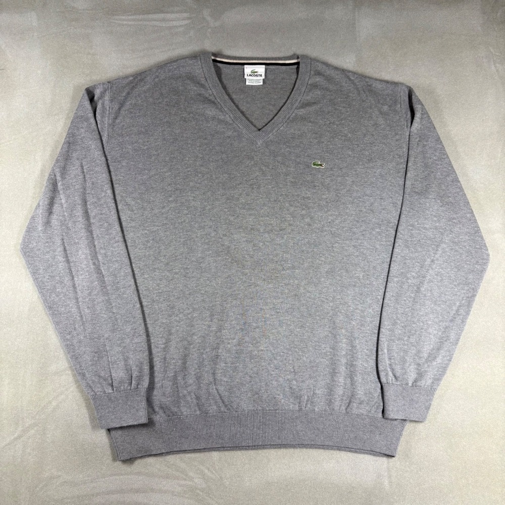 Lacoste Mens V-Neck Sweater Size 7 XL Gray 100% Cotton Long Sleeve F5178
